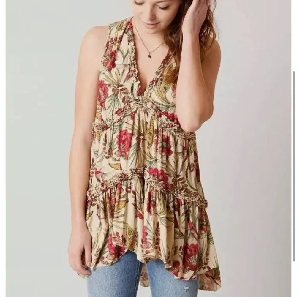 Free People Haze Floral Printed Tunic Tank Size Small Neutral Multi Hummingbird - Picture 2 of 9